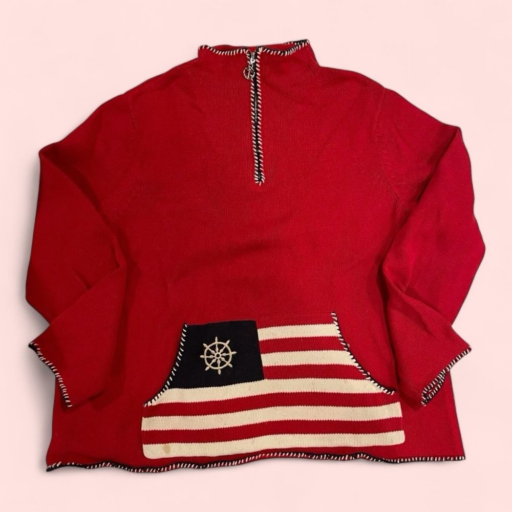 Cute Y2K oversized cozy sweater ‘Merica Red 1/4 zip chunky nautical pocket